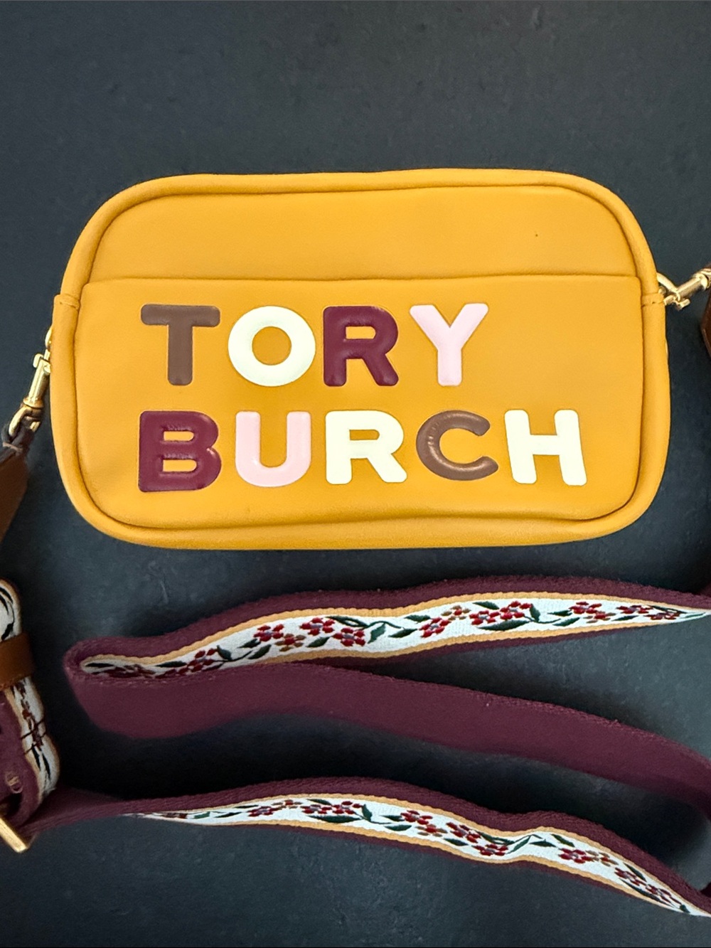 Tory Burch Mustard Yellow Logo Crossbody with Burgundy Embroidered Strap